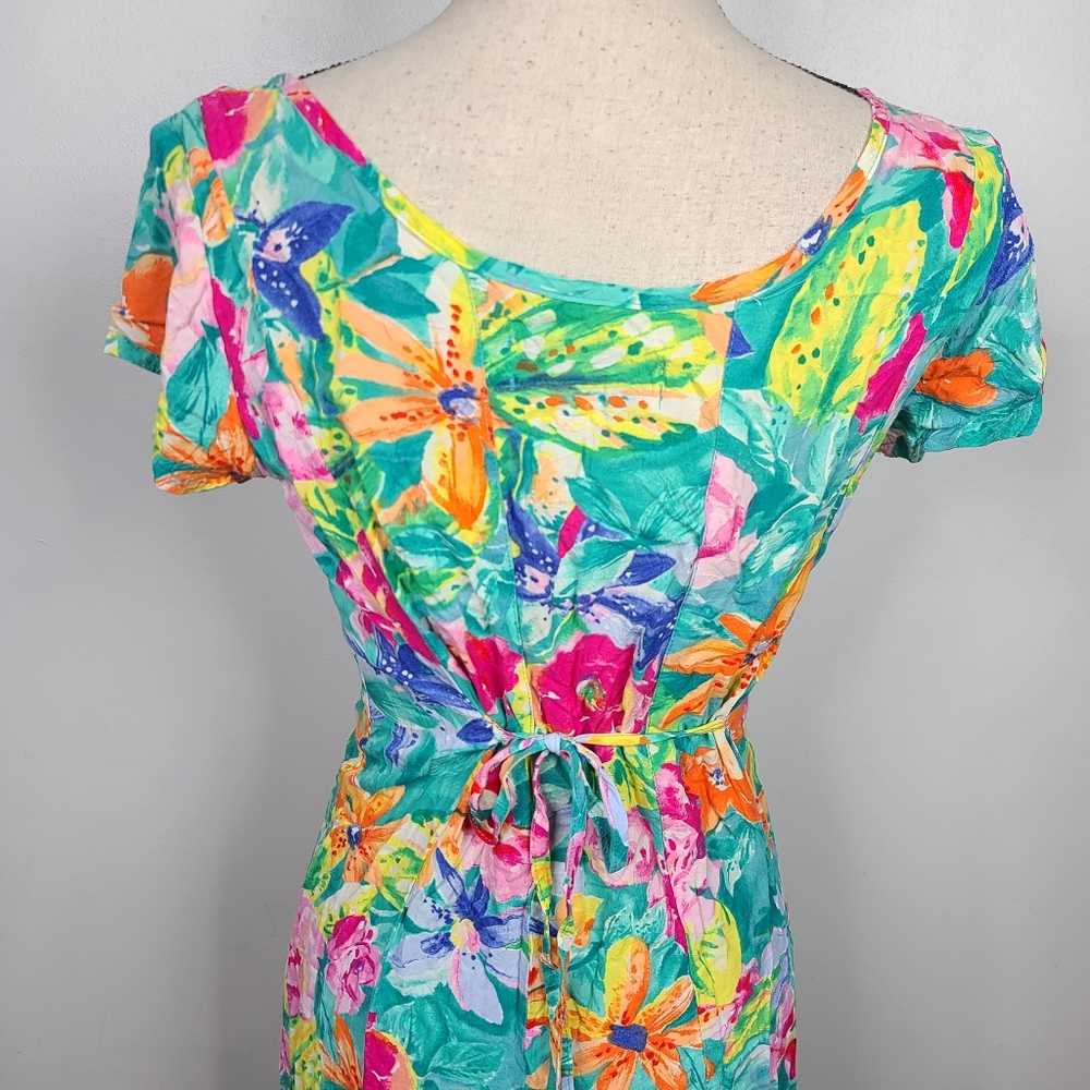 Vtg 80's/90's Jams World Bright Floral Tropical Print Back Tie Sash Midi Dress S - Picture 8 of 14
